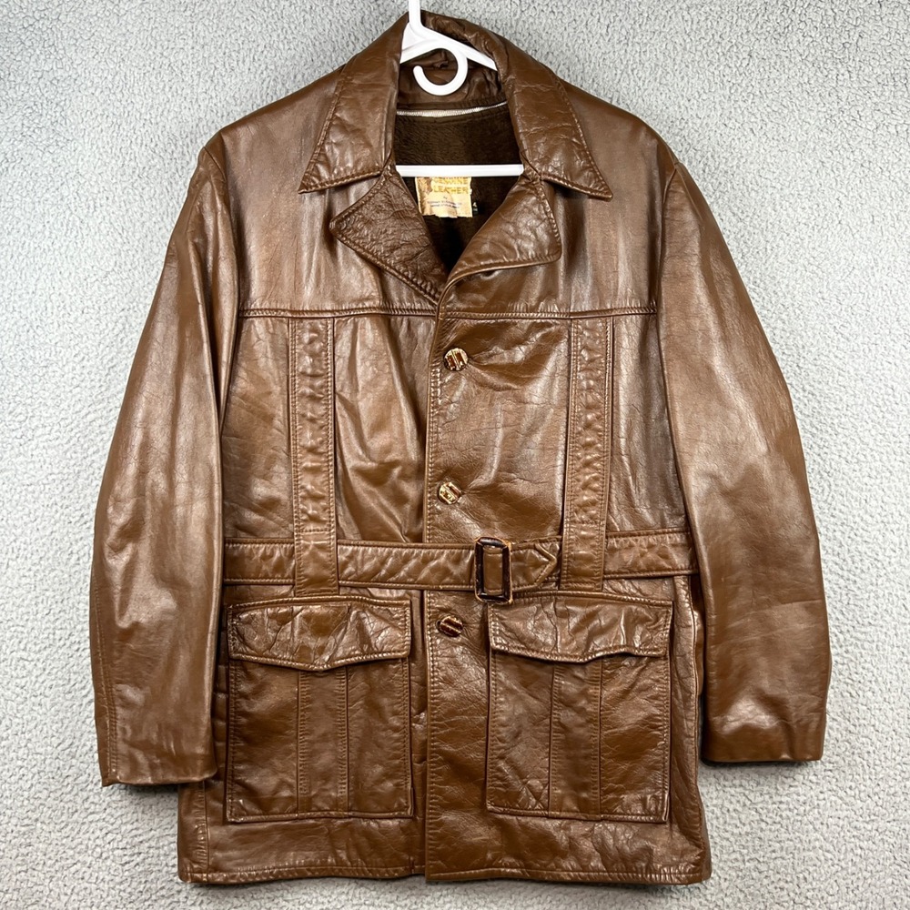 VTG Berman Buckskin Brown Leather Safari Jacket Removable Faux Fur Liner Mens 42